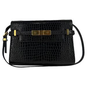 Saint Laurent Croc Embossed Manhattan Shoulder Bag in Black Leather